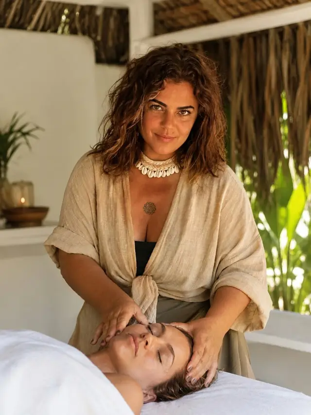 Érika sorrindo enquanto realiza massagem facial em uma cliente